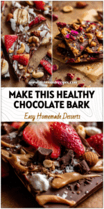 Valentine-themed Chocolate Greek Yogurt Bark topped with nuts and fruit, a High Protein Yogurt Bark and Healthy Peanut Butter Dessert idea.
